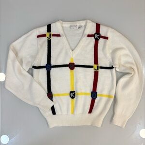 Vintage Cheryl Tiegs Graphic Knit Sweater | Colorblock Preppy Retro Korean